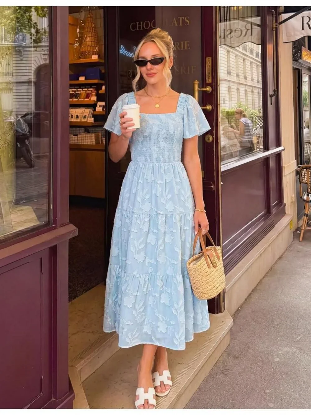 Women‘s Summer Boho Floral Midi Dress Blue Short Sleeve Square Neck Flowy Beach